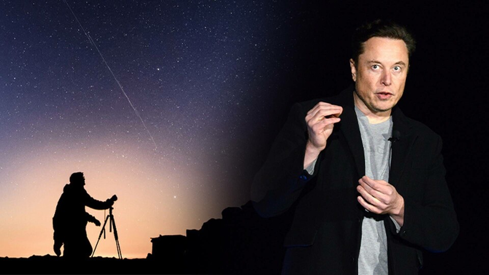 Starlink-satelliter över Ungern. Satelliterna kan anas som svaga ljusspår på himlen på detta foto med lång exponeringstid. Till höger Elon Musk. Foto: Peter Komka/MTI/AP/TT Starlink-satelliter över Ungern. Satelliterna kan anas som svaga ljusspår på himlen på detta foto med lång exponeringstid. Till höger Elon Musk. Foto: Peter Komka/MTI/AP/TT