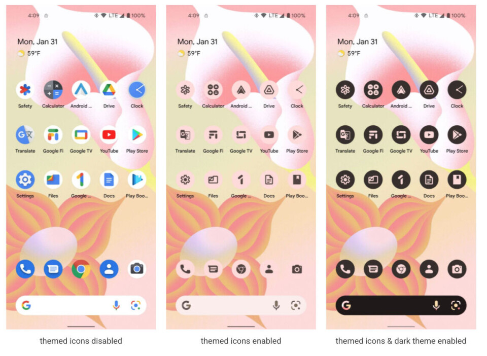 Tema-anpassade ikoner i Android 13. Foto: Google Tema-anpassade ikoner i Android 13. Foto: Google