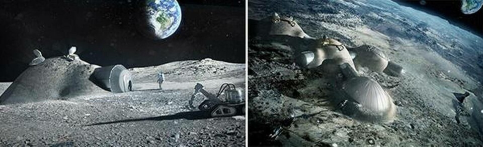 Månbasen ska tillverkas av 3d-skrivare som hämtar det mesta av byggmaterialet materialet från månen. Foto: EsA Månbasen ska tillverkas av 3d-skrivare som hämtar det mesta av byggmaterialet materialet från månen. Foto: EsA