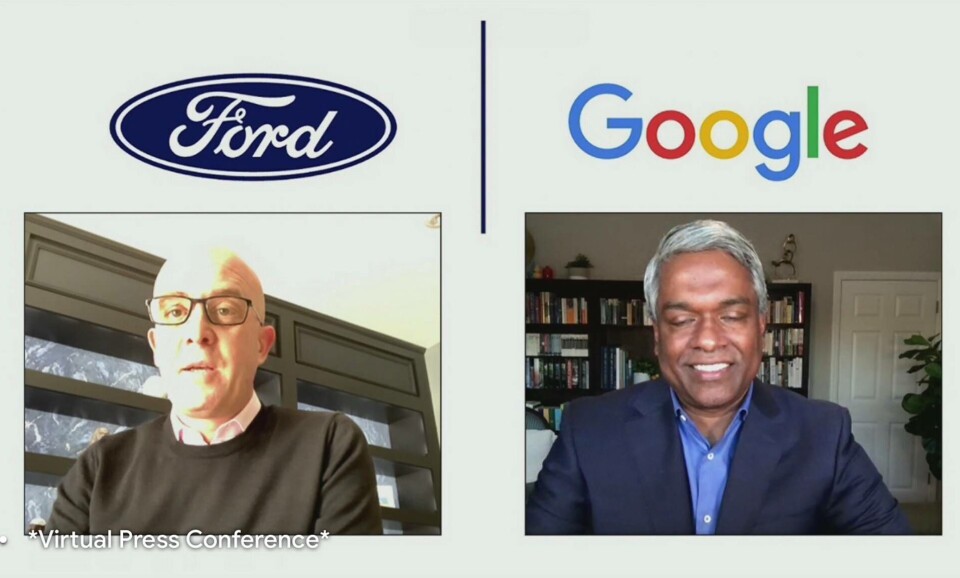 Tv. David McClelland, strategi och partnerasvarig på Ford. Th. Thomas Kurian, vd för Google Cloud Tv. David McClelland, strategi och partnerasvarig på Ford. Th. Thomas Kurian, vd för Google Cloud