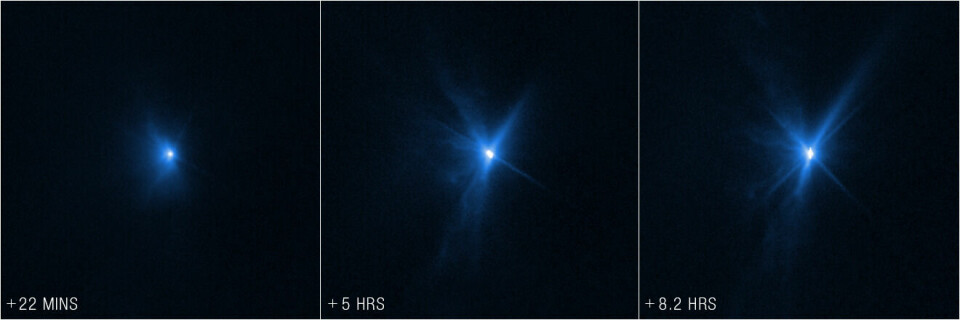 Bilder tagna av Hubbleteleskopet 22 minuter, 5 timmar respektive 8,2 timmar efter kollisionen mellan Nasas Dart-rymdsond och asteroidmånen Dimorphos.