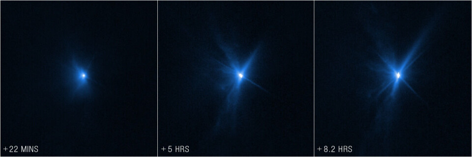 Bilder tagna av Hubbleteleskopet 22 minuter, 5 timmar respektive 8,2 timmar efter kollisionen mellan Nasas Dart-rymdsond och asteroidmånen Dimorphos. Bilder tagna av Hubbleteleskopet 22 minuter, 5 timmar respektive 8,2 timmar efter kollisionen mellan Nasas Dart-rymdsond och asteroidmånen Dimorphos.