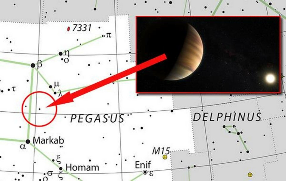 51 Pegasi b i stjärnbilden Pegasus som en illustratör tror att den ser ut. Foto: ESO 51 Pegasi b i stjärnbilden Pegasus som en illustratör tror att den ser ut. Foto: ESO
