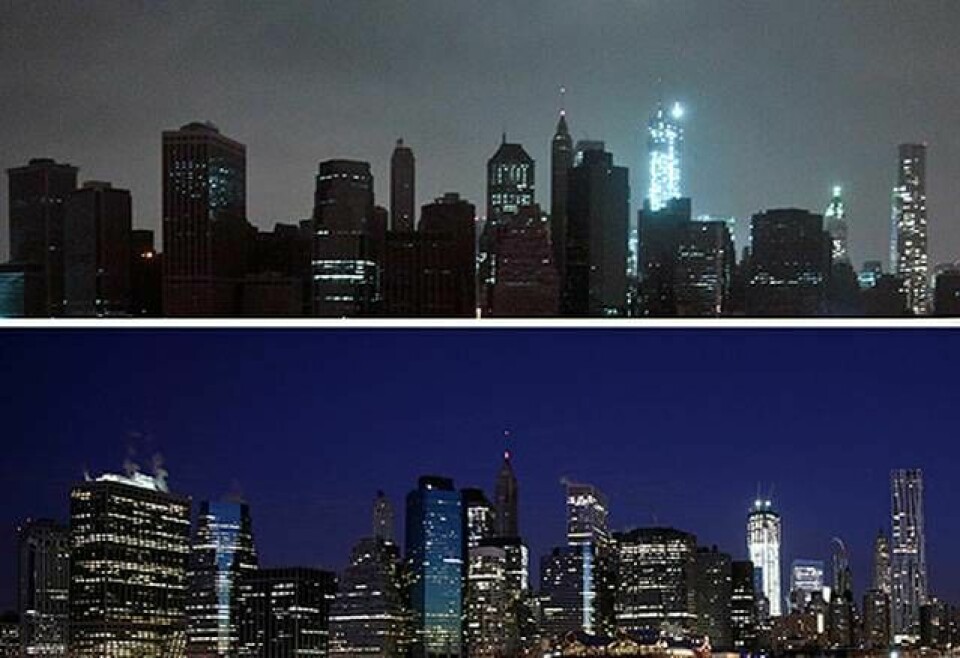 Nedre Manhattan släcktes delvis ned när stormen drog in. Foto: AP/Scanpix