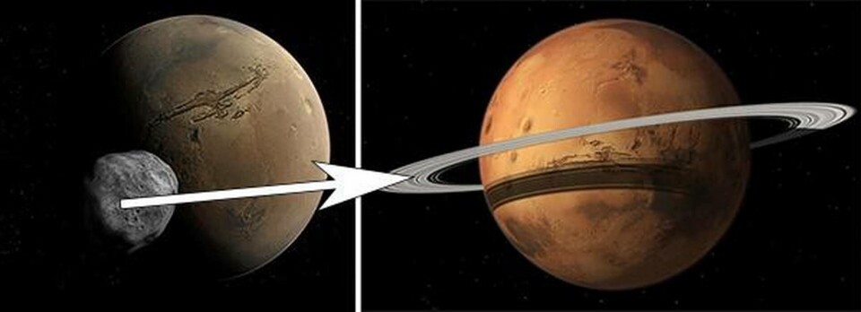 Marsmånen Phobos som dras mot planeten kan på sikt smulas sönder och bilda en ring runt Mars. Foto: Berkeley University & Nasa Marsmånen Phobos som dras mot planeten kan på sikt smulas sönder och bilda en ring runt Mars. Foto: Berkeley University & Nasa