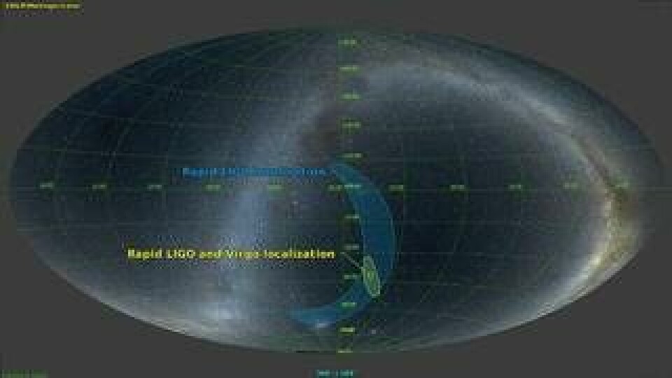 Illustrationen visar hur mycket detektioner från tre observatorier kan avgränsa var i universum en observerad gravitationsvåg kommer. Foto: Ligo/Virgo