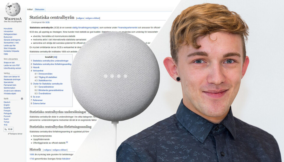 Eric Luth, projektledare på Wikimedia Sverige. Här ses även SCB:s Wikipediasida samt en smart högtalare från Google. Foto: Per Pettersson, CC BY-SA 4.0 , via Wikimedia Commons Eric Luth, projektledare på Wikimedia Sverige. Här ses även SCB:s Wikipediasida samt en smart högtalare från Google. Foto: Per Pettersson, CC BY-SA 4.0 , via Wikimedia Commons