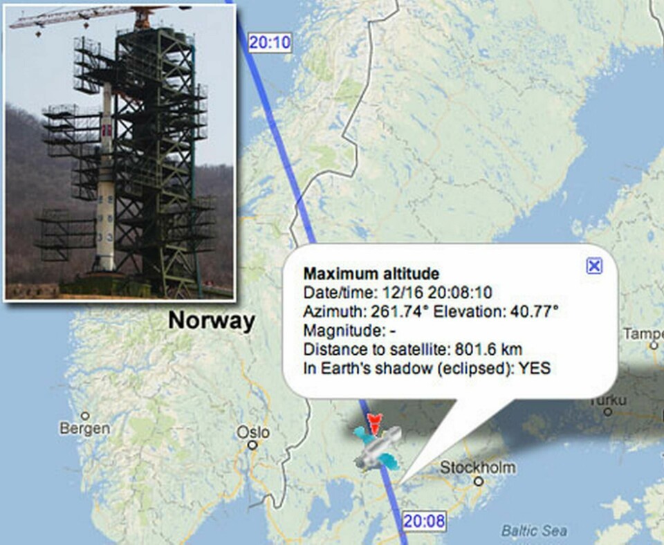 Den nordkoreanska satelliten passerar Sverige på morgonen 16 december. Foto: Real Time Satellite Tracking och korea-dpr.com