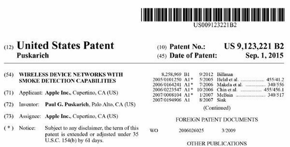 Apples patent på 'Wireless Device Networks With Smoke Detection Capabilities'. Foto: Apple/USPTO