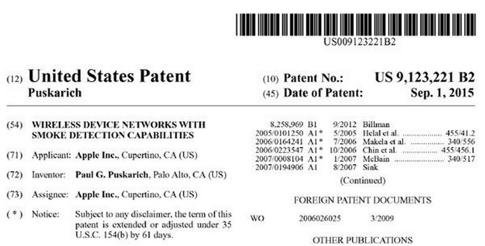 Apples patent på 'Wireless Device Networks With Smoke Detection Capabilities'. Foto: Apple/USPTO Apples patent på 'Wireless Device Networks With Smoke Detection Capabilities'. Foto: Apple/USPTO
