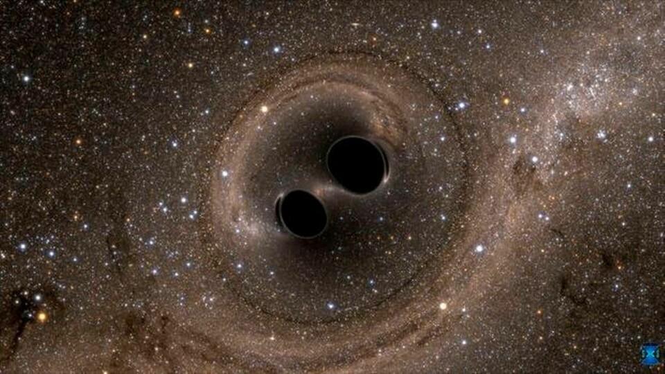 Två svarta hål på väg att krocka. Simulering: Ligo