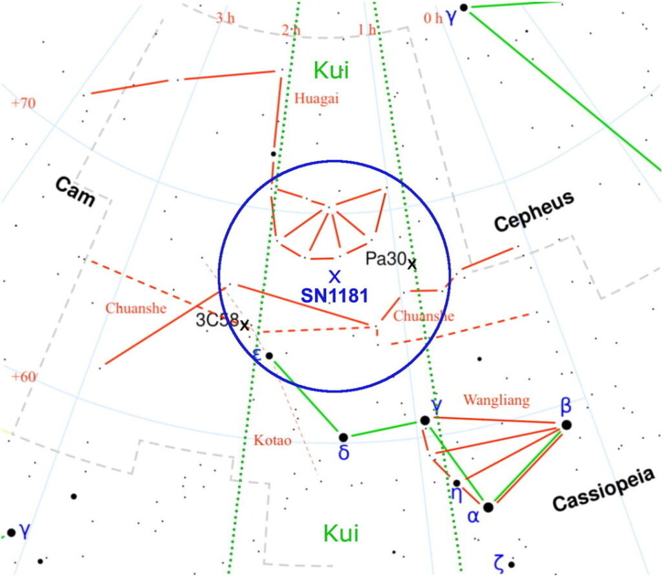 Illustrerad karta av var på stjärnhimlen SN1181 befinner sig. Orange linjer visar kinesiska stjärnbilder och de gröna visar västerländska, som Cassiopeia i nederkant. Foto: Andreas Ritter et al 2021/The Astrophysical Journal Letters via TT Illustrerad karta av var på stjärnhimlen SN1181 befinner sig. Orange linjer visar kinesiska stjärnbilder och de gröna visar västerländska, som Cassiopeia i nederkant. Foto: Andreas Ritter et al 2021/The Astrophysical Journal Letters via TT