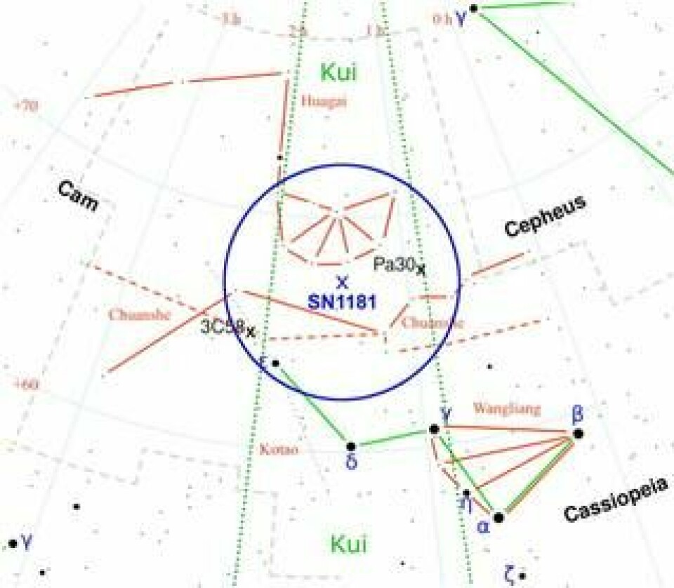 Illustrerad karta av var på stjärnhimlen SN1181 befinner sig. Orange linjer visar kinesiska stjärnbilder och de gröna visar västerländska, som Cassiopeia i nederkant. Foto: Andreas Ritter et al 2021/The Astrophysical Journal Letters via TT