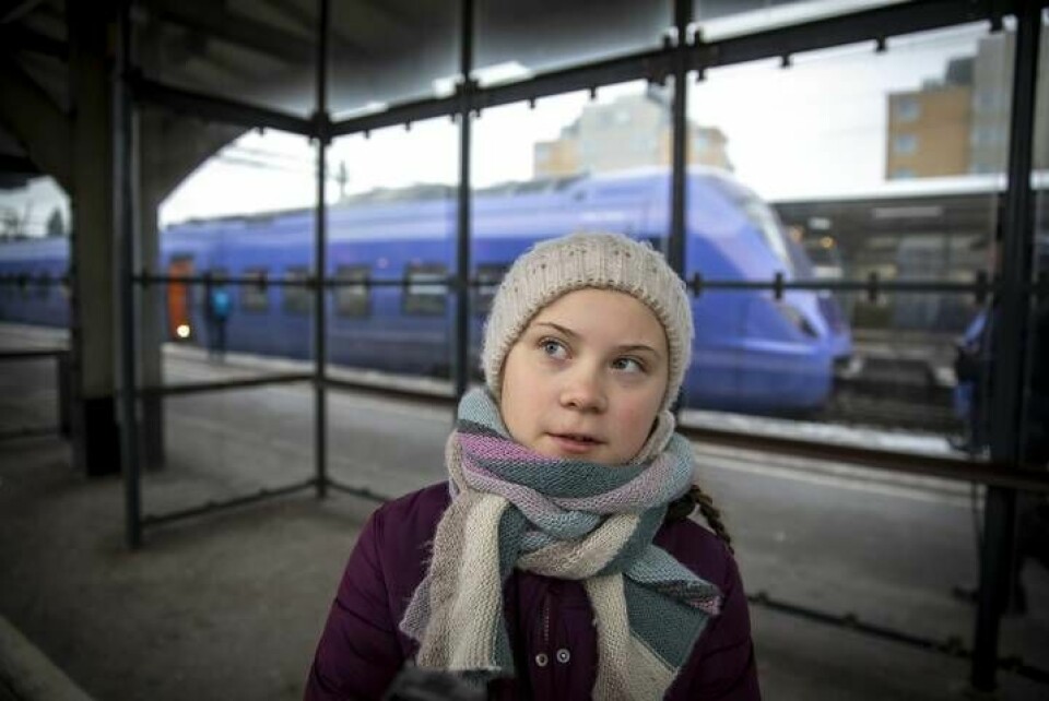 Greta Thunberg, 16, tar tåg till ekonomitoppmötet i Davos, Schweiz. Foto: TT