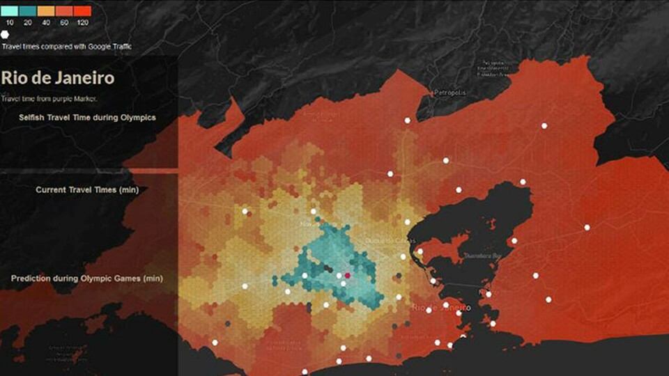En skärmdump från http://flows-rio2016.com/ som visar hur restiden från en given plats varierar beroende på destination, såväl under tiden som efter att OS pågick. En skärmdump från http://flows-rio2016.com/ som visar hur restiden från en given plats varierar beroende på destination, såväl under tiden som efter att OS pågick.