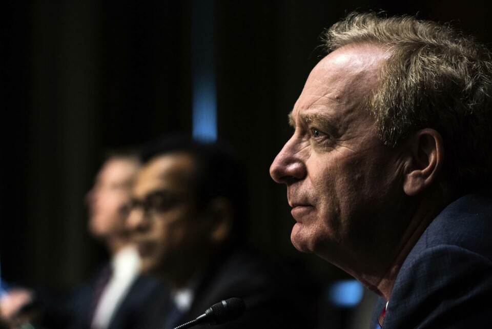 Microsoft ordförande Brad Smith under en utfrågning i USA:s underrättelseutskott. Foto: Demetrius Freeman Microsoft ordförande Brad Smith under en utfrågning i USA:s underrättelseutskott. Foto: Demetrius Freeman