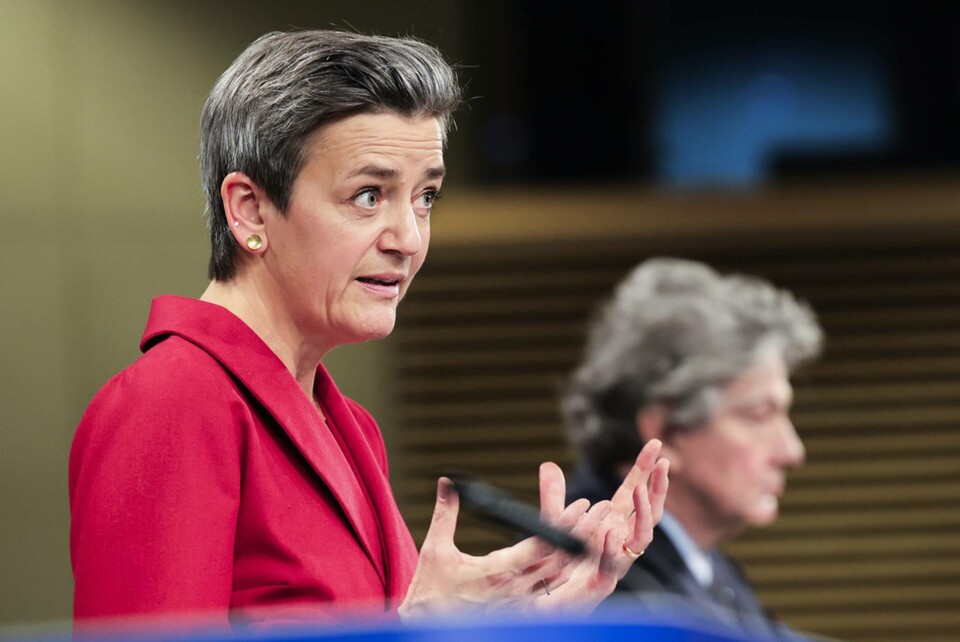 EU-kommissionärerna Margrethe Vestager och Thierry Breton lanserade datalagarna DSA och DMA i december 2020. Arkivfoto. Foto: Olivier Matthys/AP/TT EU-kommissionärerna Margrethe Vestager och Thierry Breton lanserade datalagarna DSA och DMA i december 2020. Arkivfoto. Foto: Olivier Matthys/AP/TT