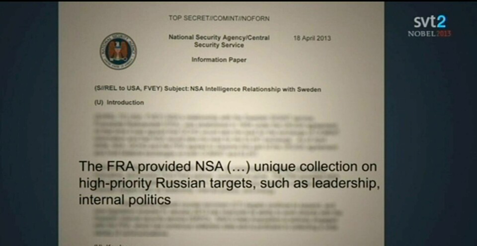 Svenska FRA hjälper USA att spionera på Rysslands politiska ledning. Det visar läckta dokument från Edward Snowden, enligt SVT. Uppgifter som framkommer tack vare FRA:s spaning mot ryska politiker lämnas över till den amerikanska underrättelsetjänsten National Security Agency, enligt dokumenten som Uppdrag granskning (UG) har studerat. I dem beskrivs den svenska motsvarigheten FRA som en 'ledande partner' i det internationella samarbetet, skriver UG på sin hemsida. Programmet Uppdrag granskning sänds i SVT1 och SVTPlay på onsdag 11 december kl 20.00. Foto: Uppdrag granskning/SVT/Scanpix