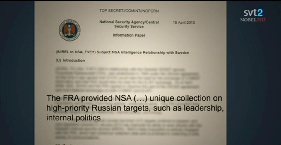 Svenska FRA hjälper USA att spionera på Rysslands politiska ledning. Det visar läckta dokument från Edward Snowden, enligt SVT. Uppgifter som framkommer tack vare FRA:s spaning mot ryska politiker lämnas över till den amerikanska underrättelsetjänsten National Security Agency, enligt dokumenten som Uppdrag granskning (UG) har studerat. I dem beskrivs den svenska motsvarigheten FRA som en 'ledande partner' i det internationella samarbetet, skriver UG på sin hemsida. Programmet Uppdrag granskning sänds i SVT1 och SVTPlay på onsdag 11 december kl 20.00. Foto: Uppdrag granskning/SVT/Scanpix Svenska FRA hjälper USA att spionera på Rysslands politiska ledning. Det visar läckta dokument från Edward Snowden, enligt SVT. Uppgifter som framkommer tack vare FRA:s spaning mot ryska politiker lämnas över till den amerikanska underrättelsetjänsten National Security Agency, enligt dokumenten som Uppdrag granskning (UG) har studerat. I dem beskrivs den svenska motsvarigheten FRA som en 'ledande partner' i det internationella samarbetet, skriver UG på sin hemsida. Programmet Uppdrag granskning sänds i SVT1 och SVTPlay på onsdag 11 december kl 20.00. Foto: Uppdrag granskning/SVT/Scanpix
