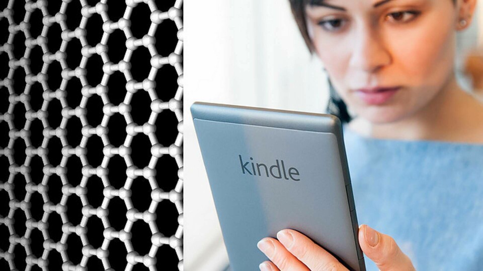 Grafenskärmen uppges påminna om de som finns i till exempel Amazons läsplatta Kindle. Till vänster: Struktur av grafen. Foto: Alamy, Dr Thomas Szkopek / Wikimedia Commons