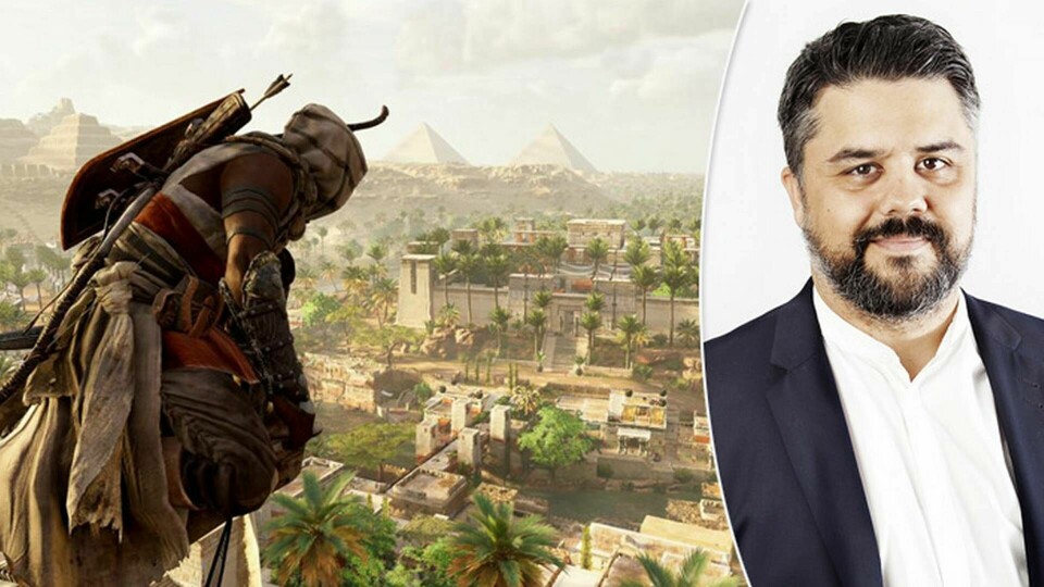 I spelet Assassin's Creed Origins får man besöka Egypten så som det såg ut för 2000 år sedan. Till höger: Ny Tekniks reporter Peter Ottsjö. Foto: Ubisoft, Jörgen Appelgren