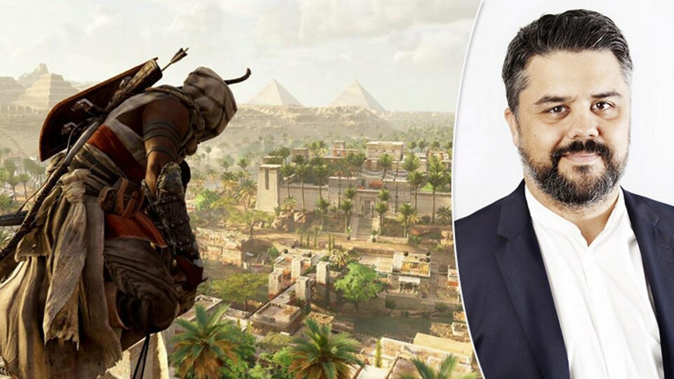 I spelet Assassin's Creed Origins får man besöka Egypten så som det såg ut för 2000 år sedan. Till höger: Ny Tekniks reporter Peter Ottsjö. Foto: Ubisoft, Jörgen Appelgren I spelet Assassin's Creed Origins får man besöka Egypten så som det såg ut för 2000 år sedan. Till höger: Ny Tekniks reporter Peter Ottsjö. Foto: Ubisoft, Jörgen Appelgren