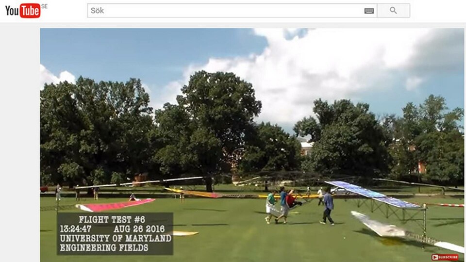 Test av soldriven helikopter. Bild ur Marylands universitets youtubefilm. Foto: Youtube Test av soldriven helikopter. Bild ur Marylands universitets youtubefilm. Foto: Youtube