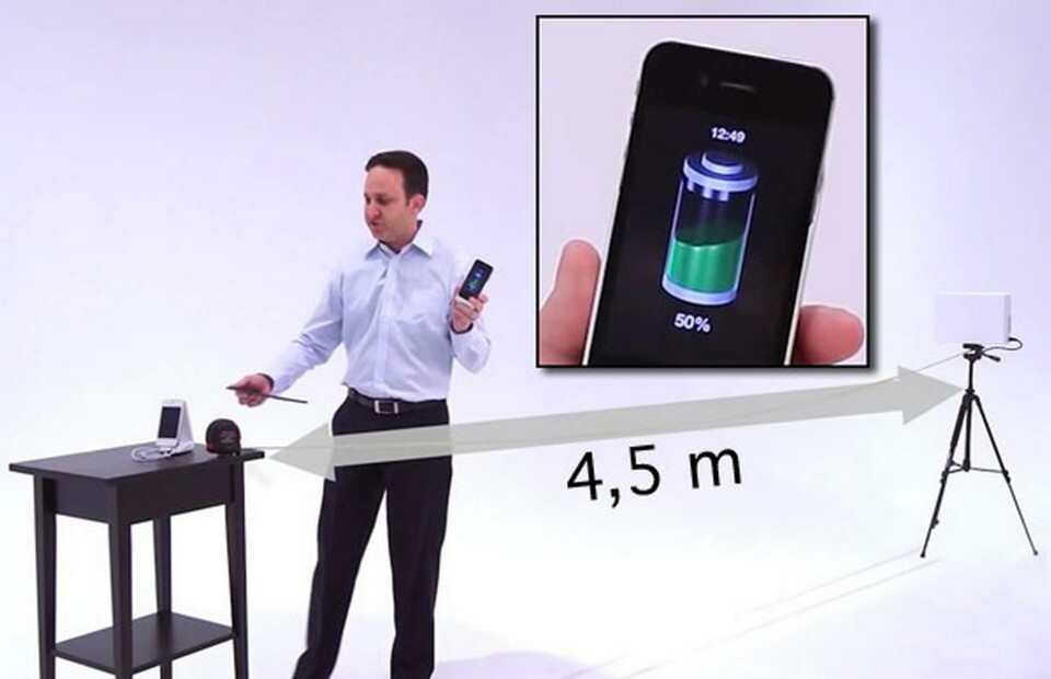 Energisändaren klarar av att ladda en mobil på över fyra meters avstånd. Foto: Energous Energisändaren klarar av att ladda en mobil på över fyra meters avstånd. Foto: Energous
