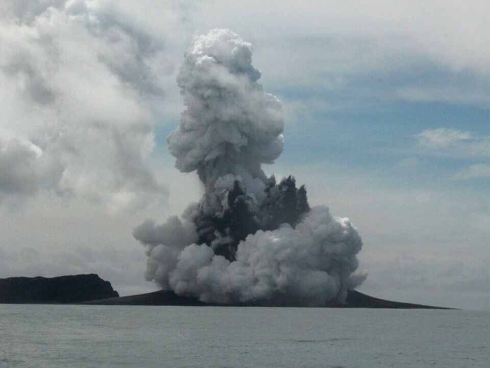 Bild från 15 januari 2022 när ett utbrott pågick i undervattensvulkanen Hunga Tonga–Hunga Ha'apai. Foto: New Zealand High Commission Bild från 15 januari 2022 när ett utbrott pågick i undervattensvulkanen Hunga Tonga–Hunga Ha'apai. Foto: New Zealand High Commission