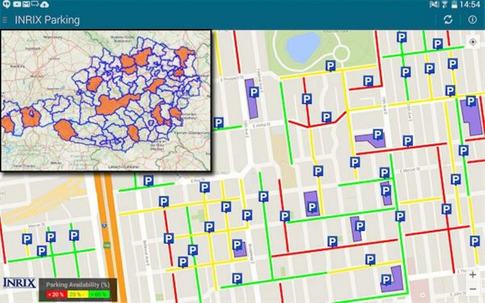 En karta i bilen eller mobilen visar vägen till lediga parkeringsplatser. Foto: Inrix En karta i bilen eller mobilen visar vägen till lediga parkeringsplatser. Foto: Inrix