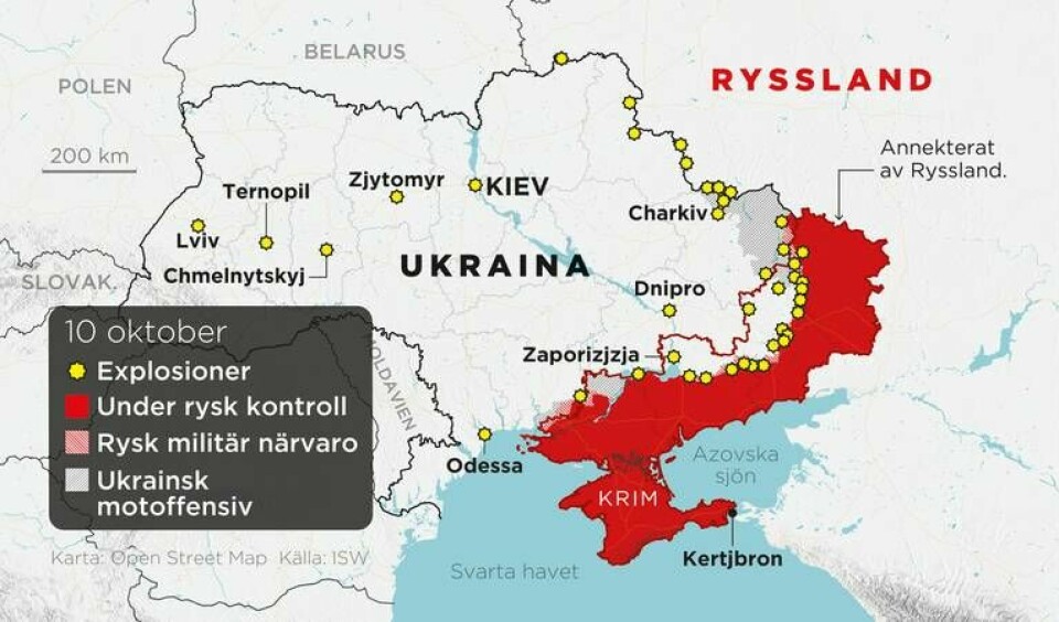 Områden under rysk kontroll, områden med rysk militär närvaro, ukrainska motoffensiver samt annekterade områden den 10 oktober. Foto: Johan Hallnäs/AP/TT
