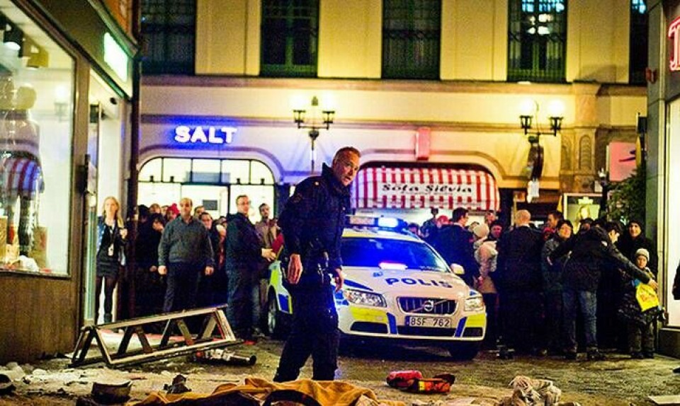 I december 2010 detonerade två bomber i ett terrordåd i Stockholm, varav en av dem på centralt belägna Bryggargatan. Gärningsmannen Taimour Abdulwahab avled på platsen. Foto: Magnus Hjalmarson Neideman / SvD / TT