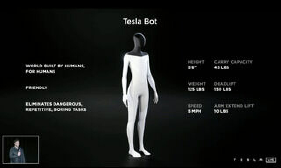 Tesla Bot, nu kallad Optimus, är en robot som Tesla ska tillverka. Foto: Skärmdump/Tesla