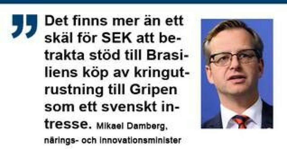 ”Det finns mer än ett skäl för SEK att betrakta stöd till Brasiliens köp av kringutrustning till Gripen som ett svenskt intresse', skriver Mikael Damberg (S).