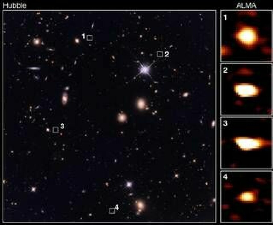 Galaxerna är synliga för Alma-teleskopet (höger) med inte för Hubbleteleskopet (vänster). Foto: 2019 Wang et al.