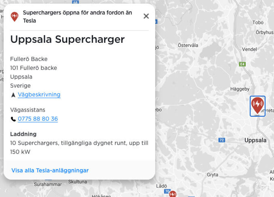 Här ett exempel på en laddstation som är öppen för andra fordon än Tesla. Foto: Tesla Här ett exempel på en laddstation som är öppen för andra fordon än Tesla. Foto: Tesla