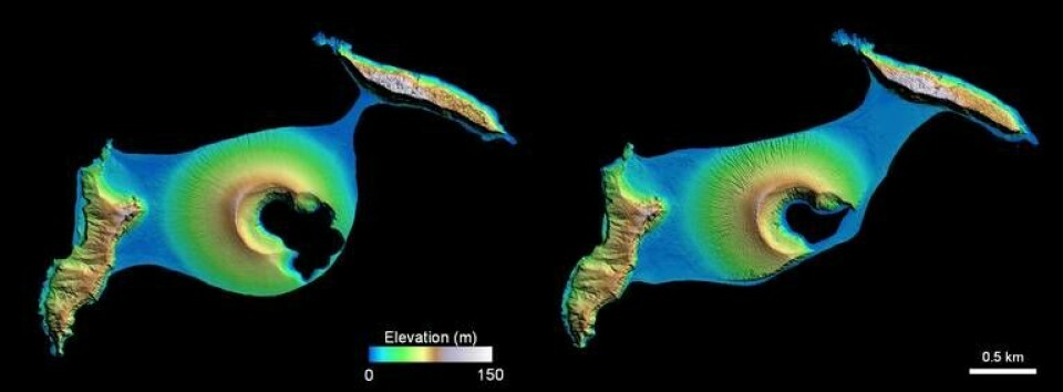 En elevationsmodell som härstammar från satellitbilder. Visar topografi på den nya ön. Vänster: 21 april 2015. Höger: 19 september 2017. Foto: Nasa