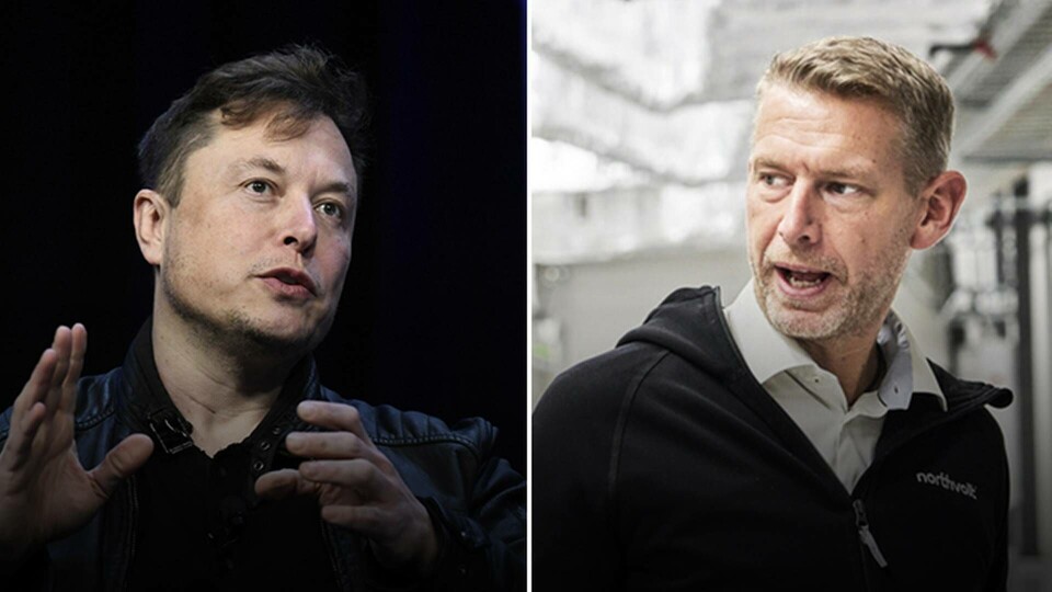 Teslas vd Elon Musk (vänster) och Northvolts vd Peter Carlsson. Foto: TT Teslas vd Elon Musk (vänster) och Northvolts vd Peter Carlsson. Foto: TT