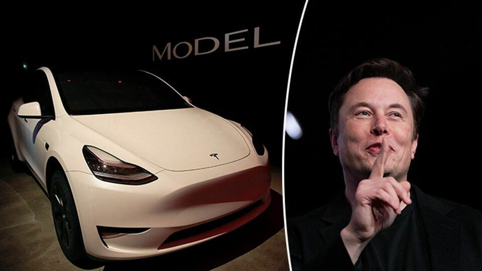 En Tesla Model Y och Elon Musk. Foto: TT