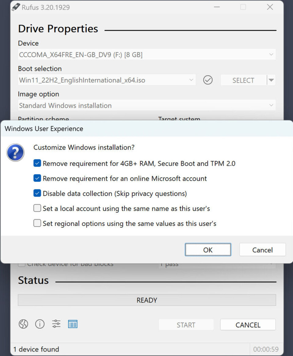 Med Rufus kan du välja bort vissa steg under Windows-installationen. Skärmdump: Rufus Med Rufus kan du välja bort vissa steg under Windows-installationen. Skärmdump: Rufus