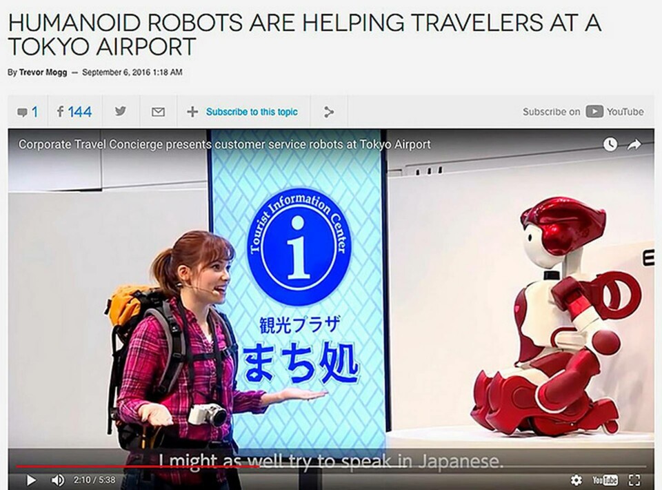 Många flygplatser testar hur robotar kan hjälpa resenärer. I en video går det att se hur Hitachis humanoid hjälper människor rätt. Bild ur Hitachis Youtubefilm. Många flygplatser testar hur robotar kan hjälpa resenärer. I en video går det att se hur Hitachis humanoid hjälper människor rätt. Bild ur Hitachis Youtubefilm.