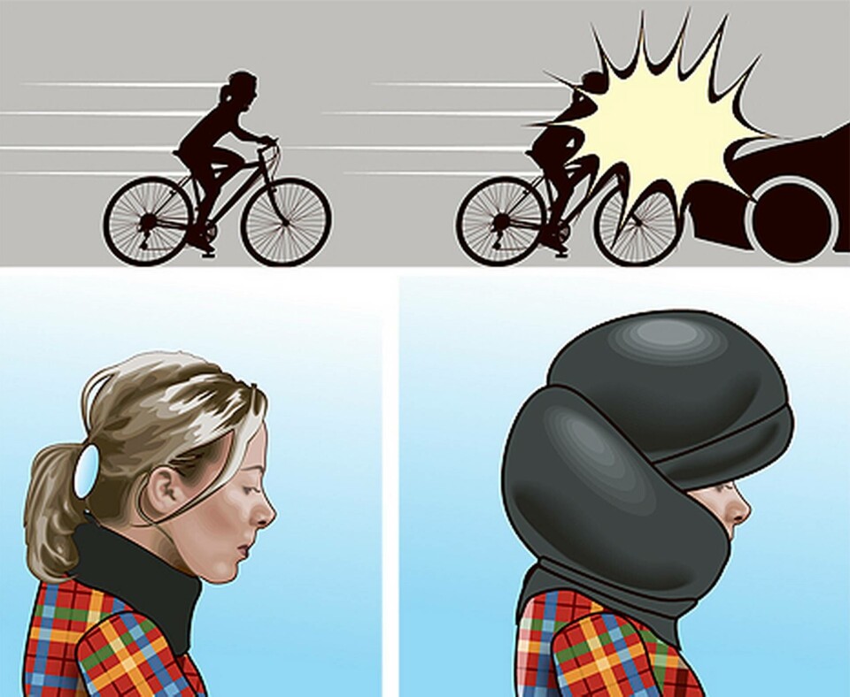 Krockkudden ligger ihopvikt i en krage. Vid en krock löser den ut till en skyddande hjälm. Illustration: Jonas Askegren/Ny Teknik. Krockkudden ligger ihopvikt i en krage. Vid en krock löser den ut till en skyddande hjälm. Illustration: Jonas Askegren/Ny Teknik.