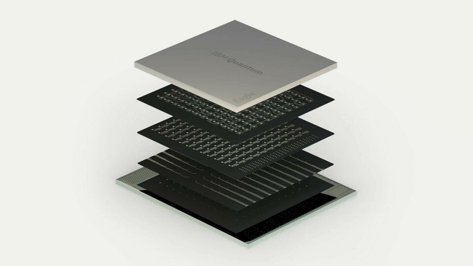 IBM:s nya kvantprocessor Eagle använder sig av så kallad 3d-paketering där komponenterna ligger placerade i flera lager på chipet. Foto: IBM
