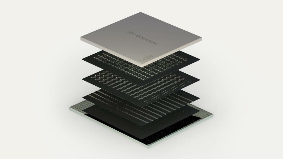 IBM:s nya kvantprocessor Eagle använder sig av så kallad 3d-paketering där komponenterna ligger placerade i flera lager på chipet. Foto: IBM IBM:s nya kvantprocessor Eagle använder sig av så kallad 3d-paketering där komponenterna ligger placerade i flera lager på chipet. Foto: IBM