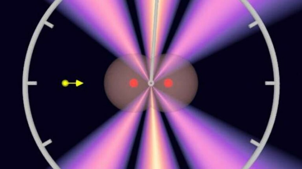 Bilden visar hur fotonen (gul) producerar elektronvågor ur elektronmolnet (det grå) och när vågorna möts (det violetta). De röda prickarna är atomkärnorna i vätgasmolekylen. Det violetta mönstret drar något åt höger, vilket gör det möjligt att beräkna hur lång tid det tar för fotonen att gå från den ena atomen till den andra. Foto: Sven Grundmann, Goethe University Frankfurt/TT