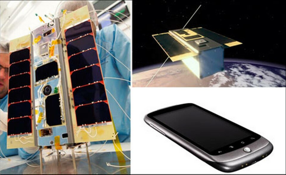 Androidmobilen Google Nexus One har monterats i en så kallad Cubesat som nu cirklar runt jorden. Foto: SSTL Androidmobilen Google Nexus One har monterats i en så kallad Cubesat som nu cirklar runt jorden. Foto: SSTL