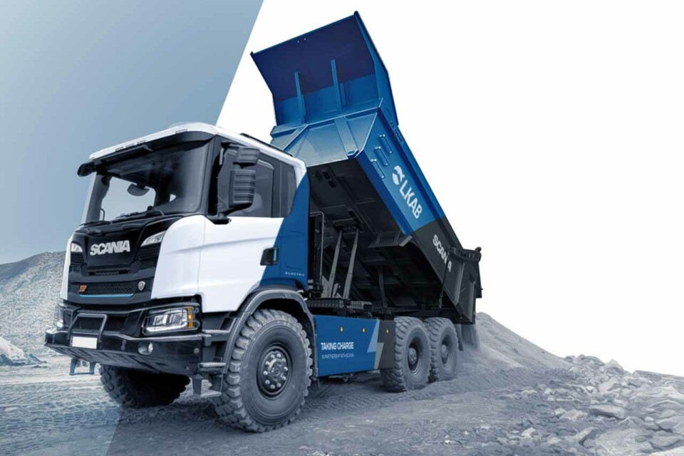 Hos LKAB i Malmberget ska snart en eldriven 49 tons tippbil börja köra interntransporter på gruvområdet. Foto: Scania Hos LKAB i Malmberget ska snart en eldriven 49 tons tippbil börja köra interntransporter på gruvområdet. Foto: Scania