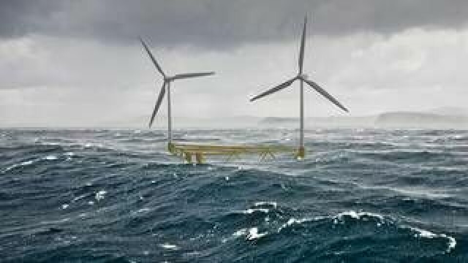 Tre sjömil utanför Dounreays kust i nordligaste Skottland ska svenska Hexicon testa sitt flytande vindkraftverk i full skala i vatten för första gången. De två turbinerna är tillsammans på 10 megawatt. Foto: Hexicon
