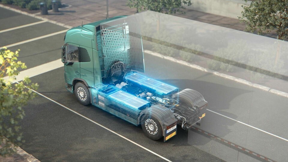 Skiss som visar batterier i en eldriven Volvolastbil. Foto: Illustration: Volvo Lastvagnar