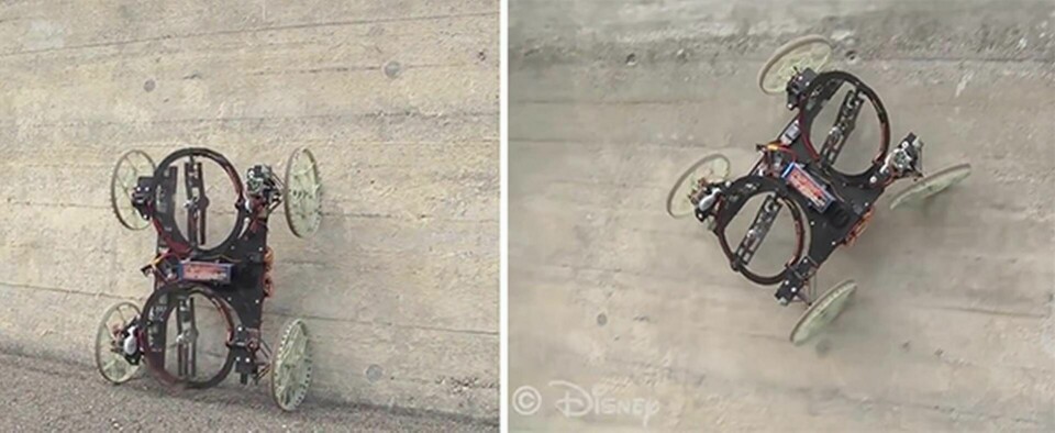 När roboten når en vägg aktiveras propellrar som trycker hjulen mot underlaget. Foto: Disney ResearchHub